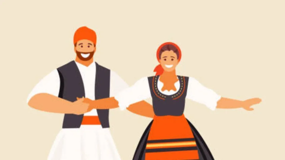 Disegno grafico di coppia di ballerini di sirtaki in abiti tradizionali